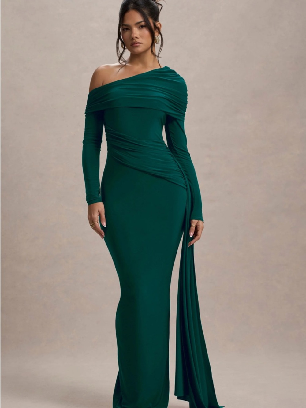 Club L London Valina Green Ruched Asymmetric
Maxi Dress With Drape